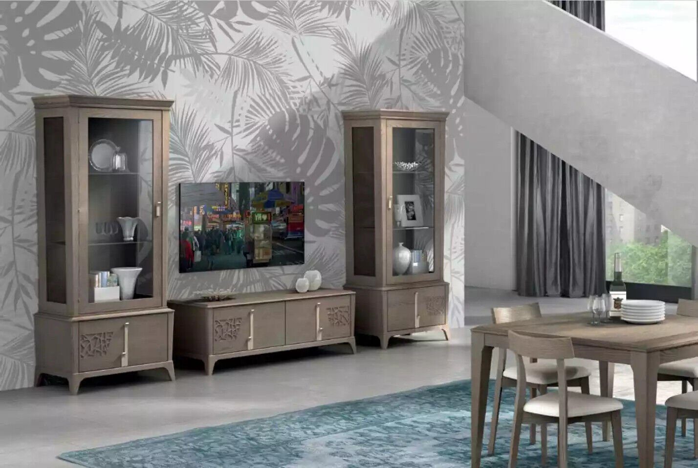 JVmoebel Wohnwand Grau Wohnwand Klassische TV-Ständer Wohnzimmer Vitrine Sideboard, (3-St., Nur TV-Ständer + 2x Vitrine), Made in Italy