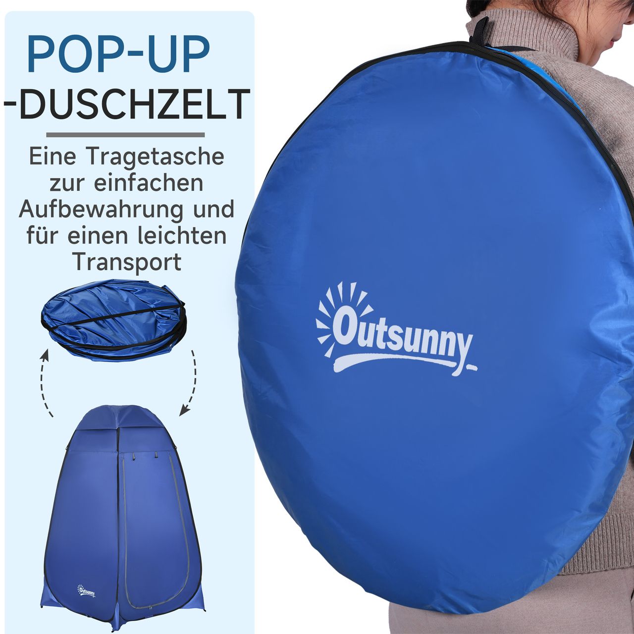 Outsunny Pop up Toilettenzelt Mobiles Camping Duschzelt Umkleidezelt mit Innentasche Duschkabine Umkleidekabine Wasserfest Polyester Dunkelblau 120 x 120 x 190 cm