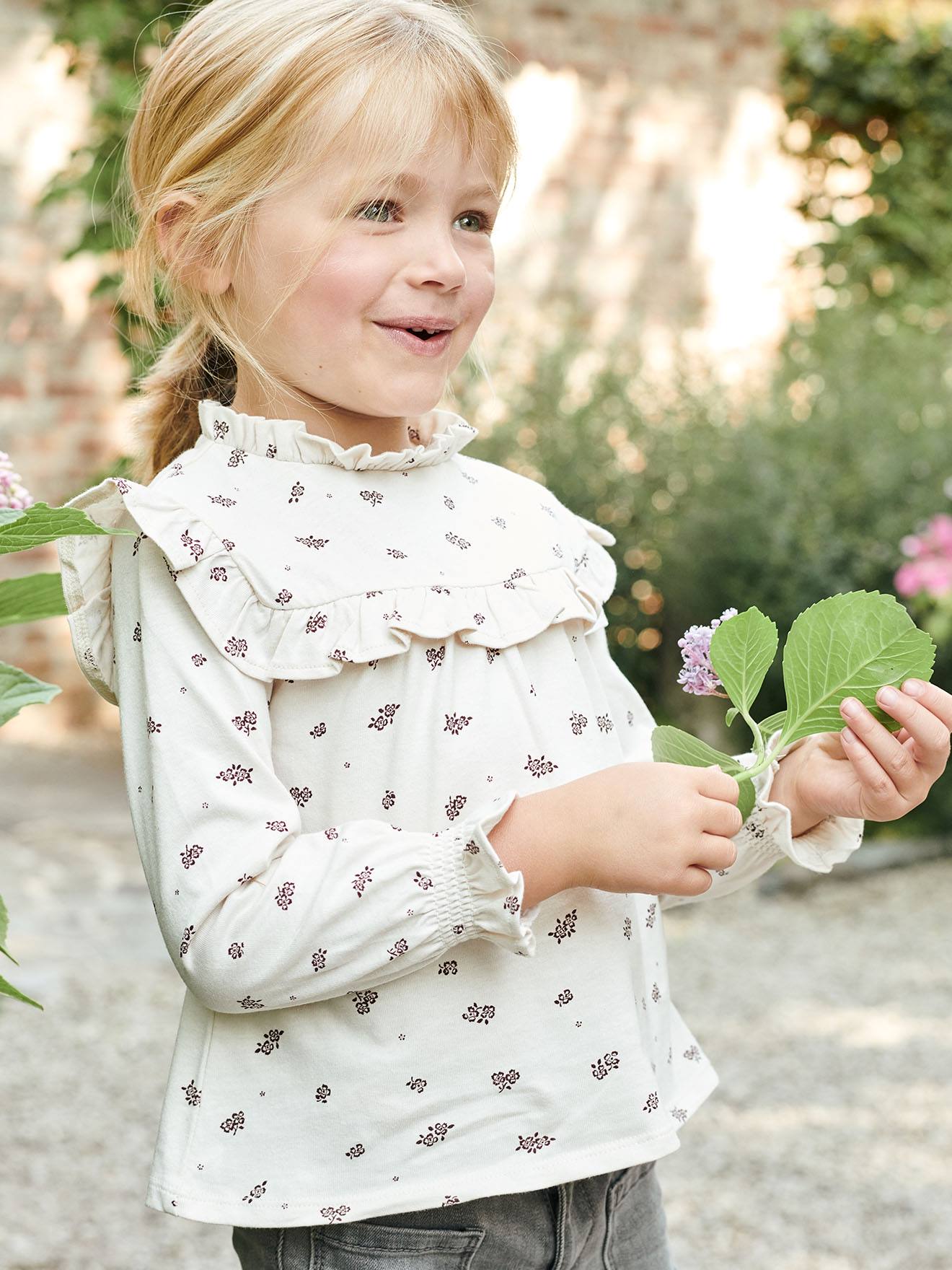 T-shirt blouse volanté imprimé fleurs fille rose aop