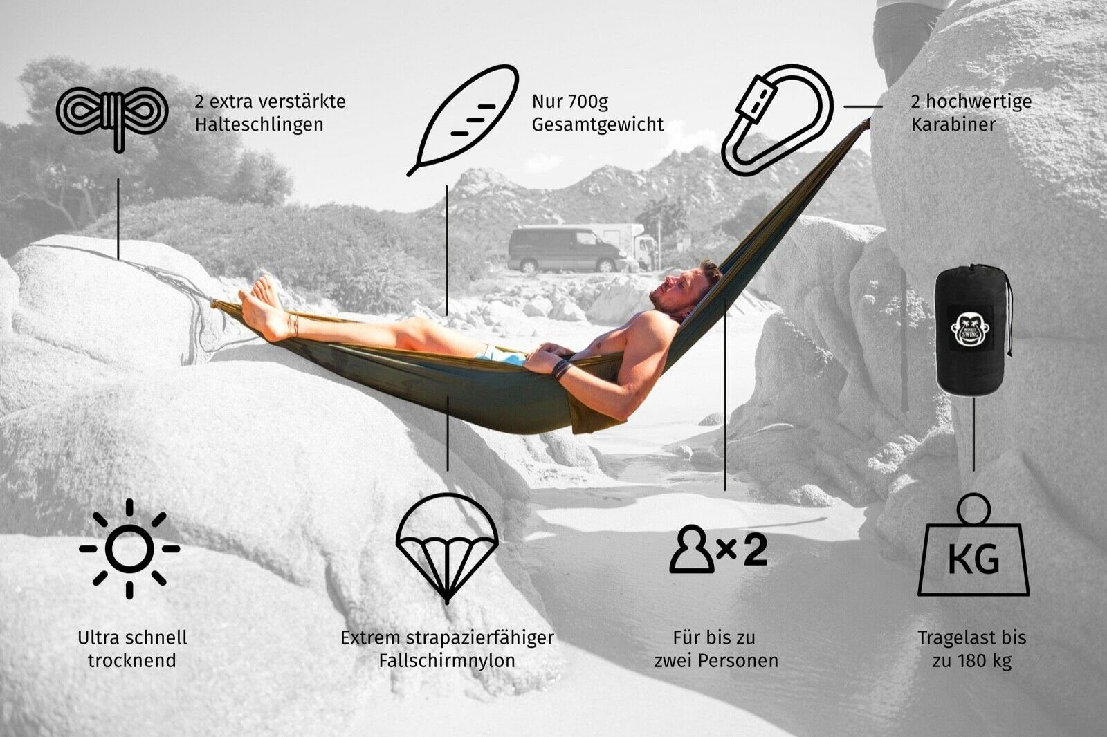 Monkey Swing Hängematte inkl. Aufhängeset, 270x140cm, Reisehängematte Outdoor ultraleicht