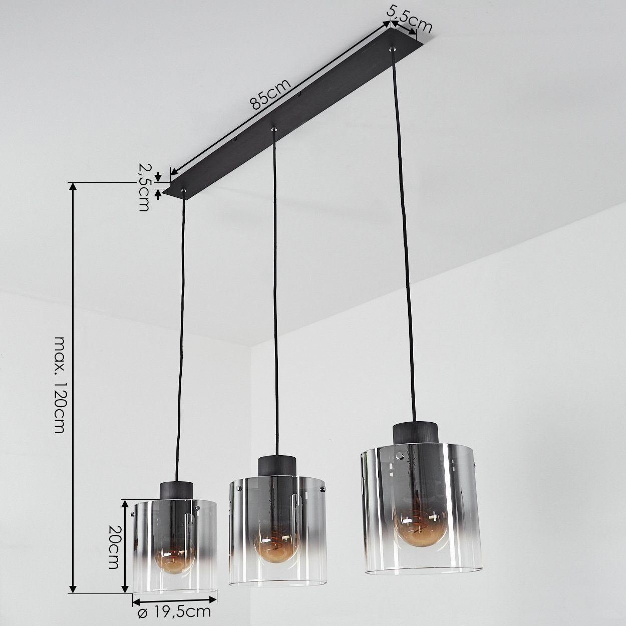 hofstein Pendelleuchte Riccione Hängeleuchte aus Metall/Rauchglas in Schwarz/Rauchfarben, ohne Leuchtmittel, Pendellampe mit Schirmen Echtlas/Rauchglas (19, 5cm), E27