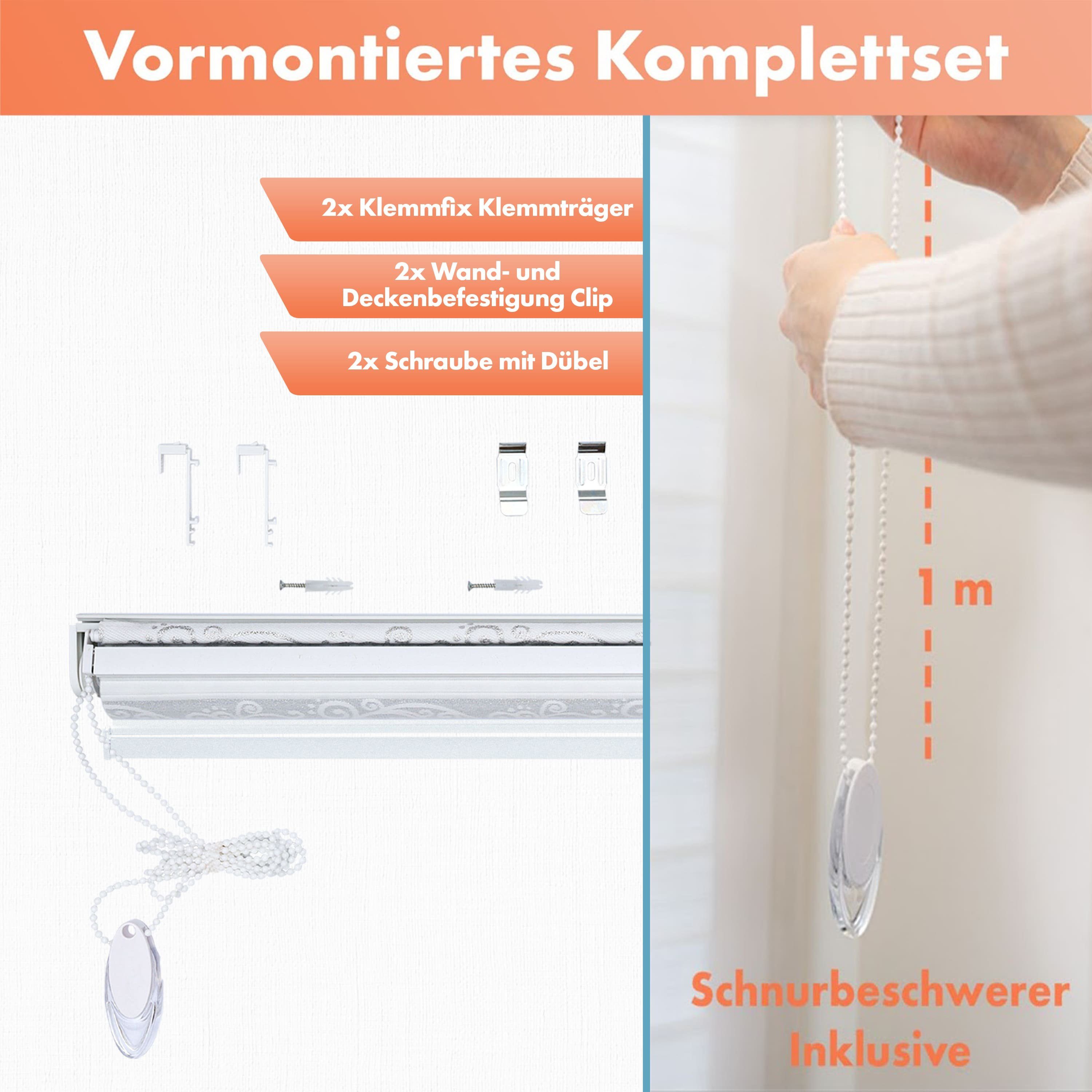 Doppelrollo mit Motiv, Duo Rollo, Fensterrollo, Klemmrollo, Bailena, Lichtschutz, ohne Bohren, freihängend, Klemmfix, gemustert, glitzernd, Rankenmuster, Blumenmuster
