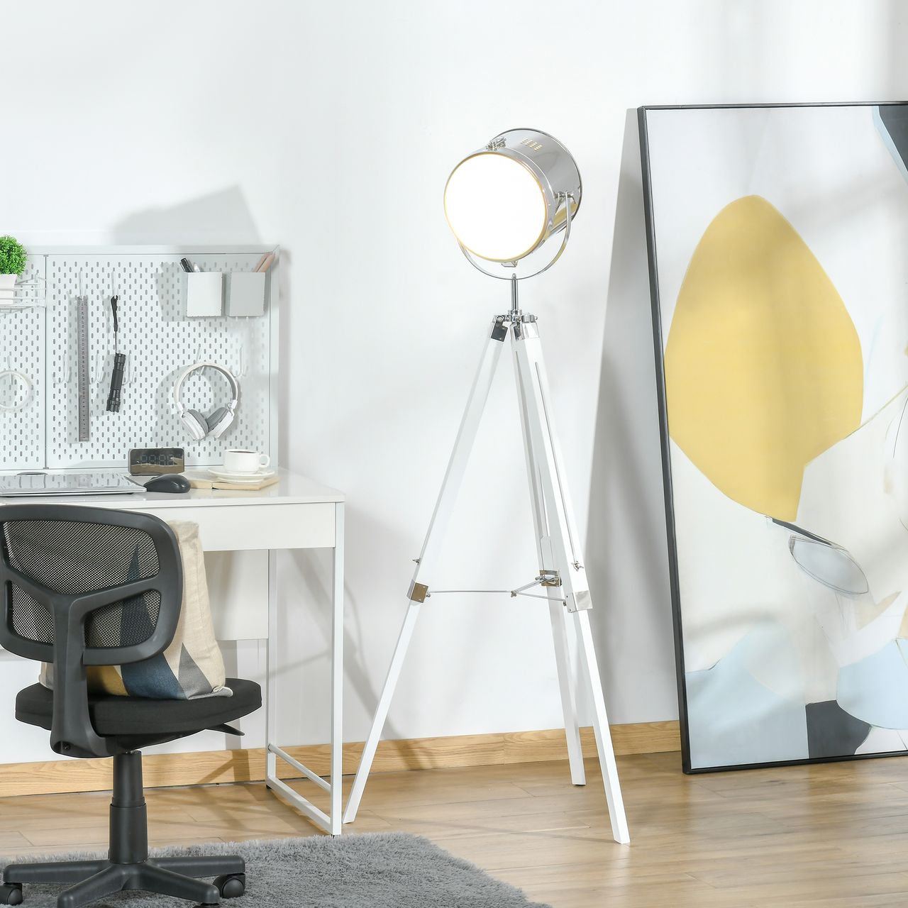 HOMCOM Stehlampe Stehleuchte mit Dreibein Stativ aus Holz 100-140 cm höhenverstellbar mit 180° Drehbarem Lampenkopf Caféleuchte Studiolampe Industrial Design Tripod Lampe 40W Weiß Stahl Kiefernholz