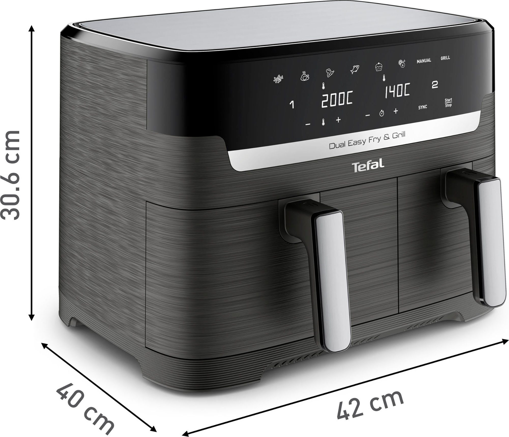 Tefal Heißluftfritteuse EY905B Dual Easy Fry & Grill Doppelkammer, 8,3 L Kapazität, 2 Laden, 2700 W, mit Hamburger Presse