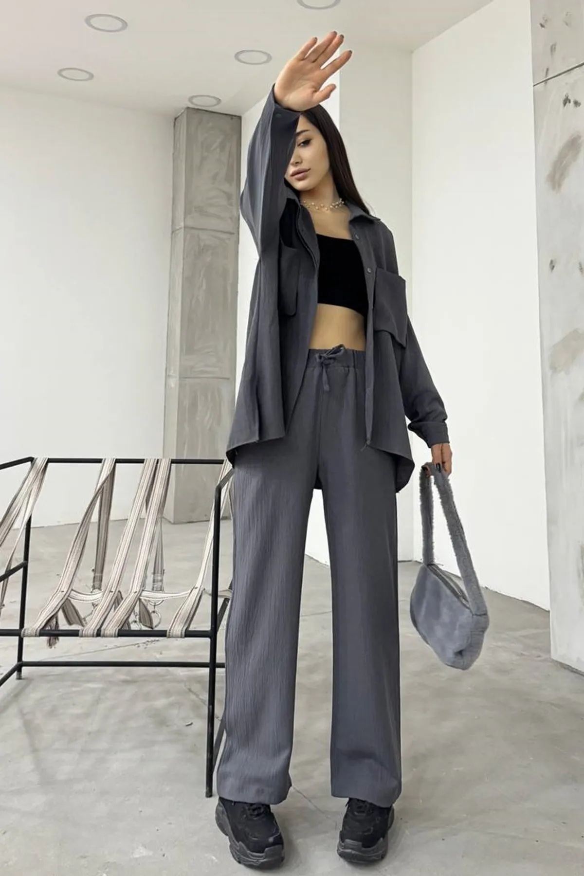 lovebox  Damen Leinenstoff Balgtasche Detail Hemd und Hose Anthrazit Übergröße Doppelset 12093
