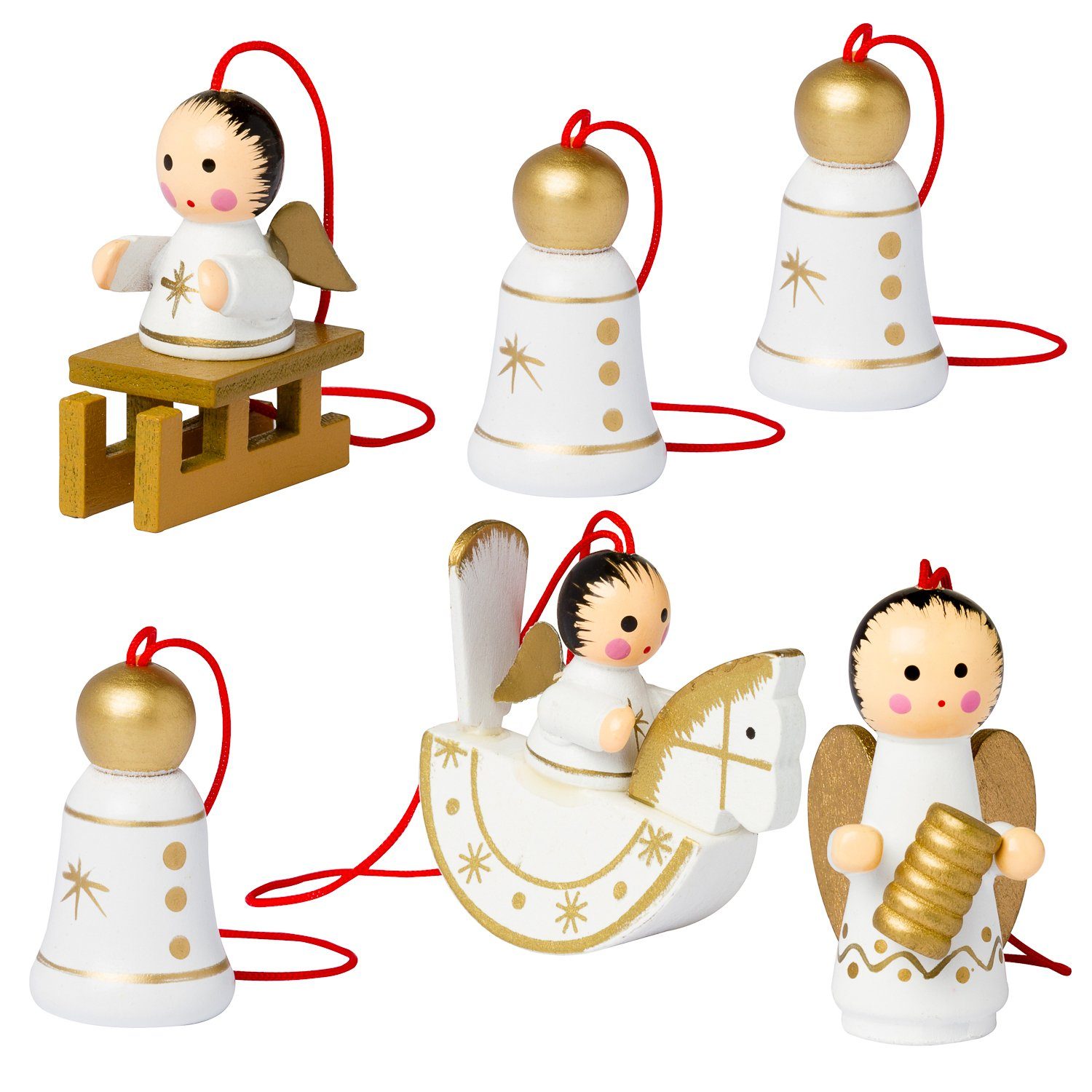 BRUBAKER Christbaumschmuck Christbaumanhänger Set Engel und Glocken (6-tlg), Natürlicher Holz-Baumschmuck, handbemalt, 4,5 cm hoch