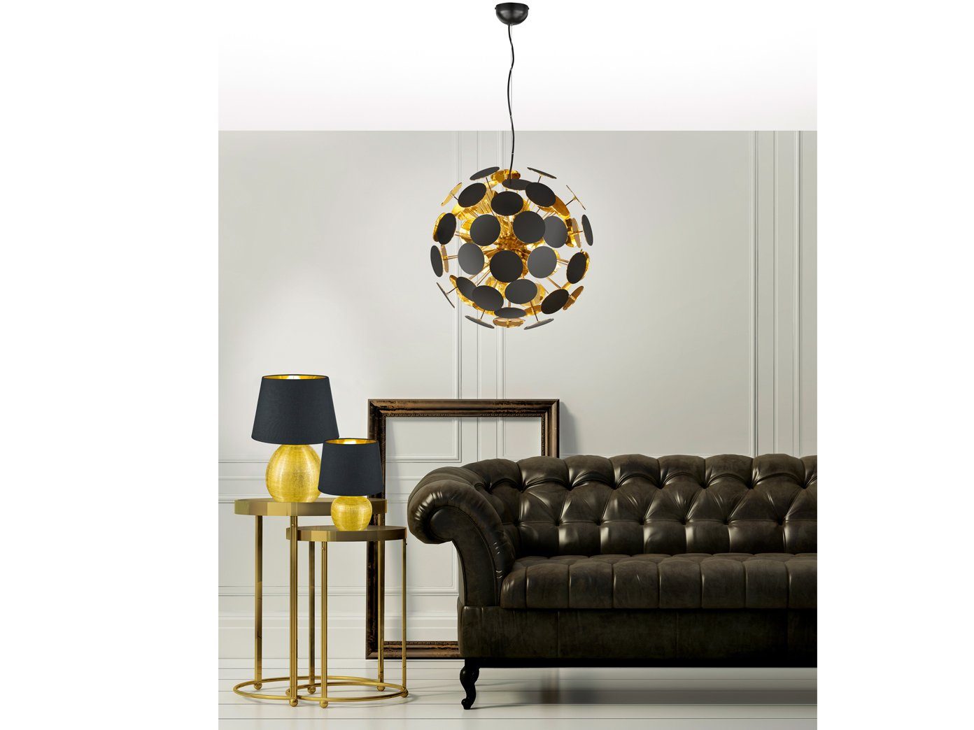 meineWunschleuchte LED Pendelleuchte, Mitgelieferte Leuchtmittel extern über Hausinstallation dimmbar, LED wechselbar, Warmweiß, große Design-er Kugel-lampe hängend über Esstisch, Schwarz Gold Ø 54cm