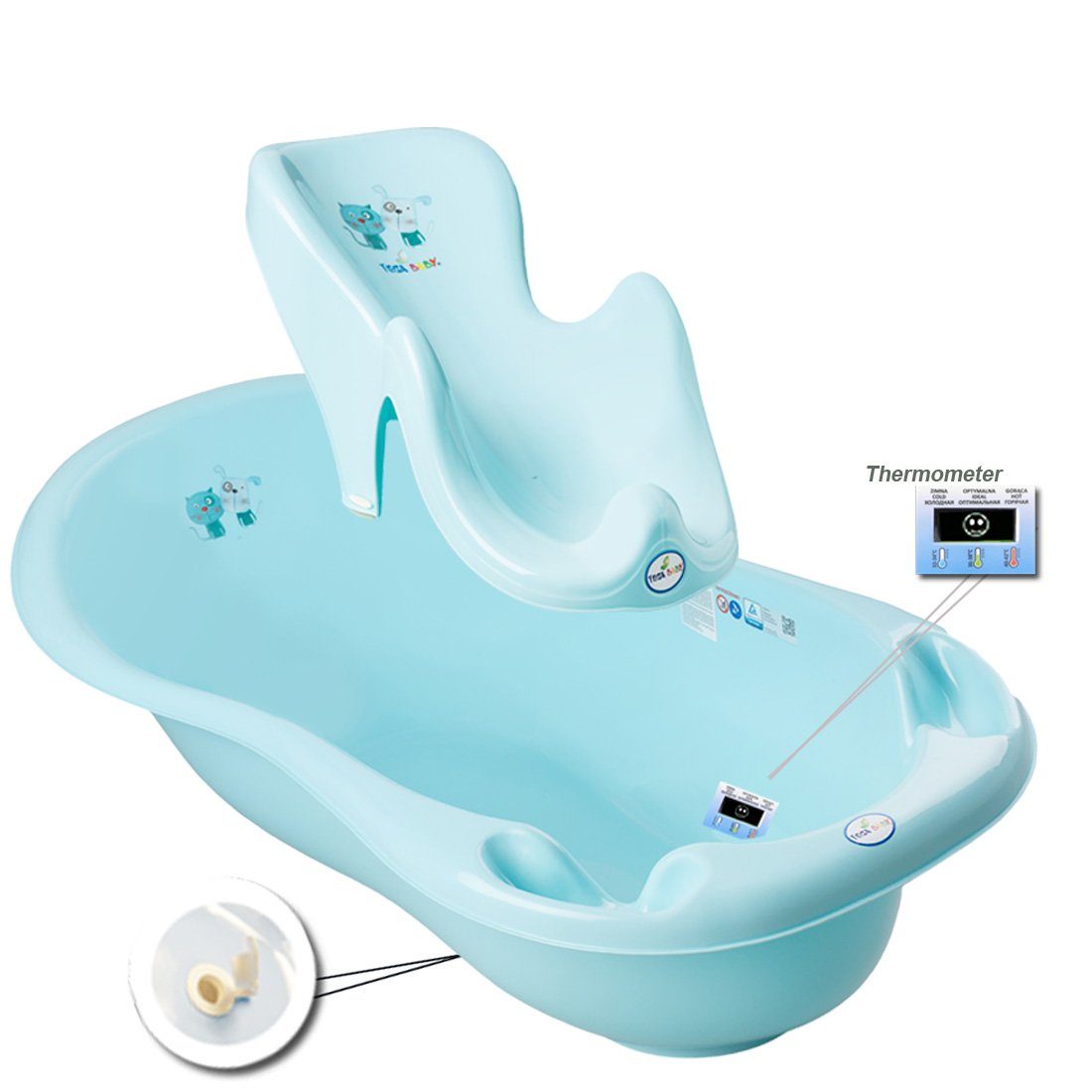 Tega-Baby Babybadewanne 2-Teile Set -CAT & DOG Babywanne mit THERMOMETER Babybadeset Pflege, (Made in Europe Spar Set), ** Babywanne(Thermometer) + Badesitz **