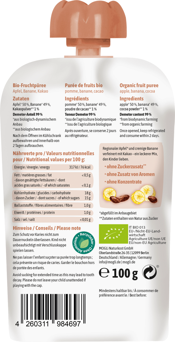 Quetschie Kakao Banane & Apfel, ab 1 Jahr, 100 g