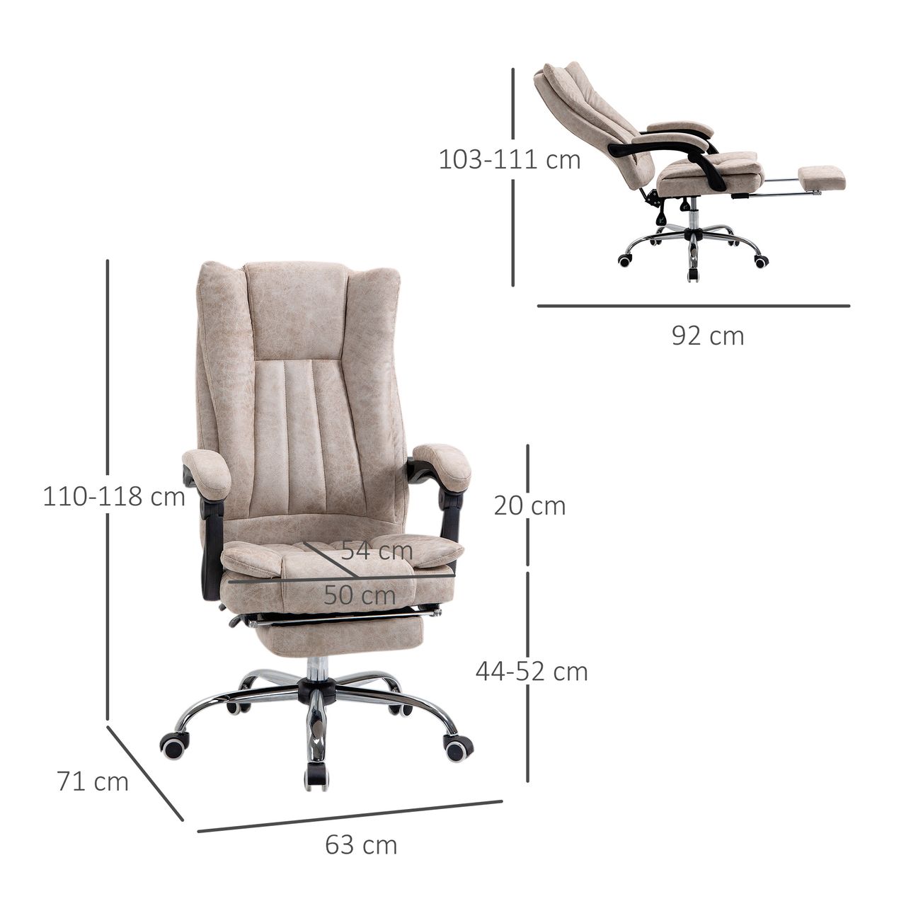 Vinsetto Bürostuhl Drehstuhl mit Liegefunktion Fußstütze Bürosesse Beige Schwarz Silber 63 x 71 x 110-118 cm