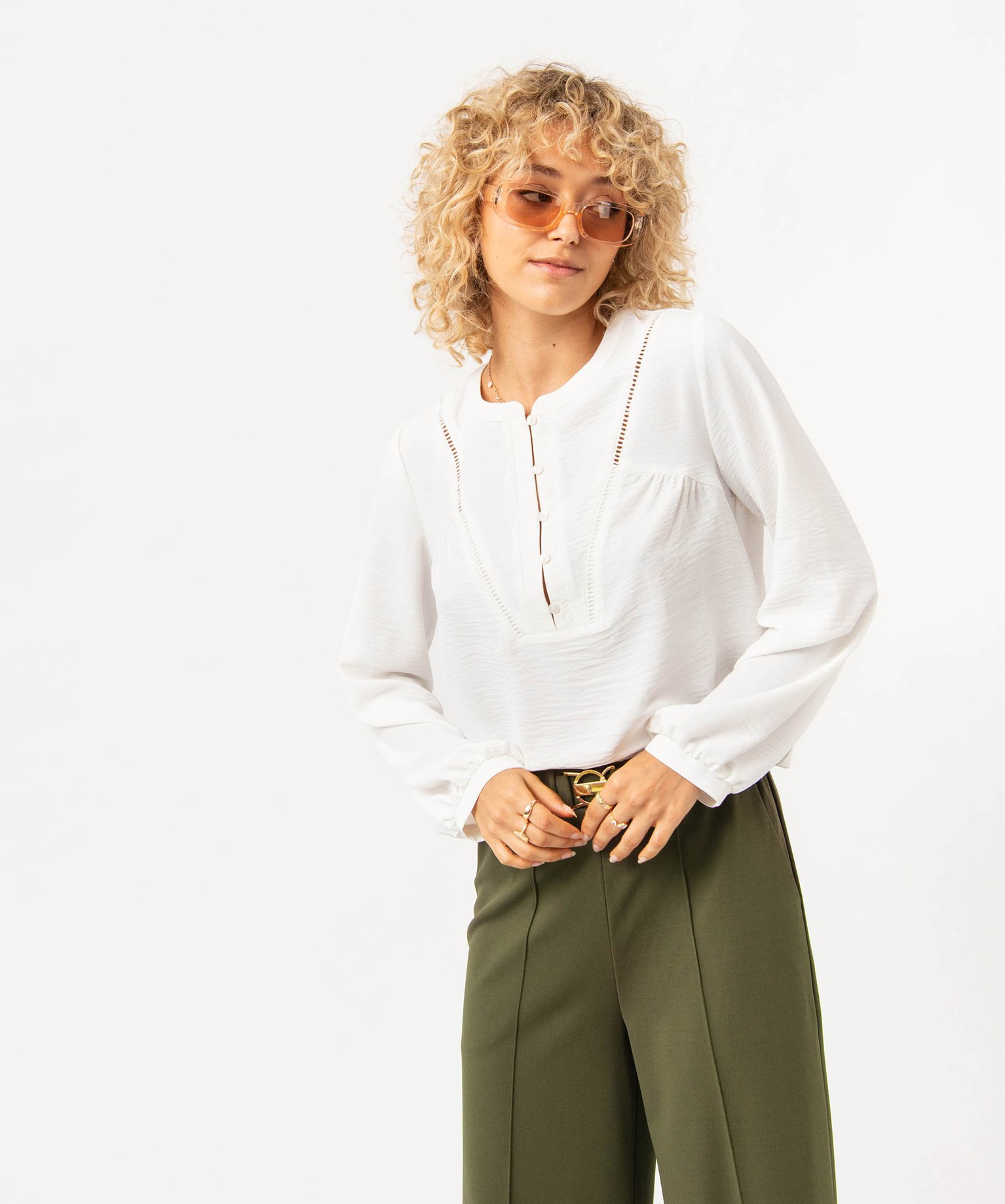Blouse unie avec col rond boutonné femme ecru | GEMO
