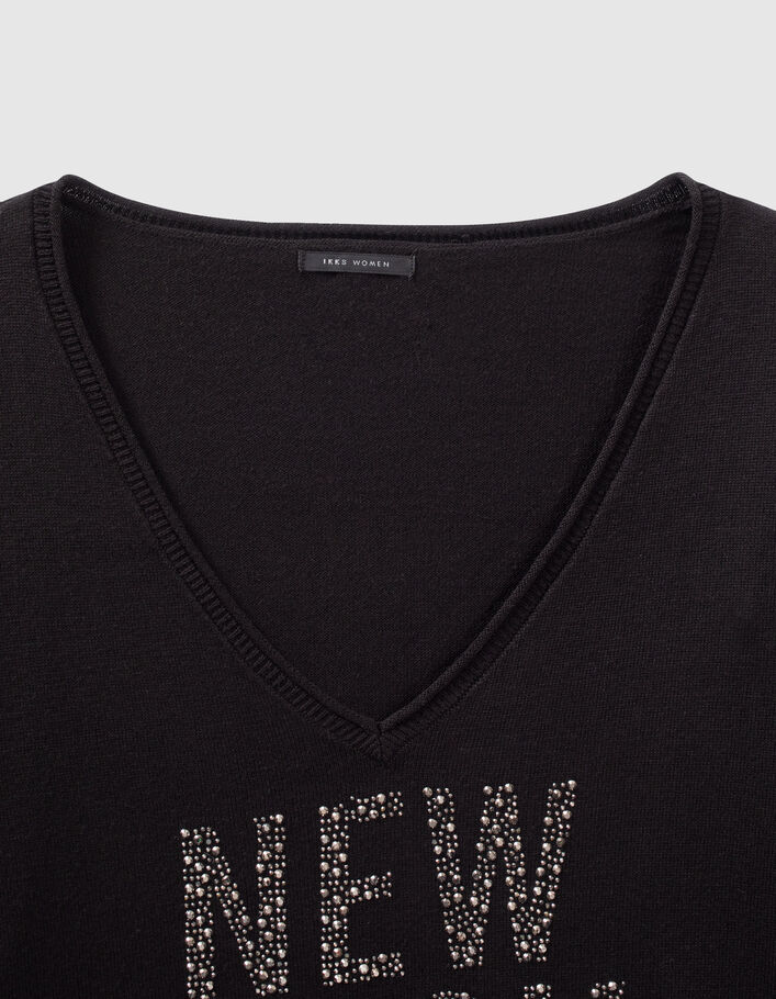 Pull noir tricot message strass Femme