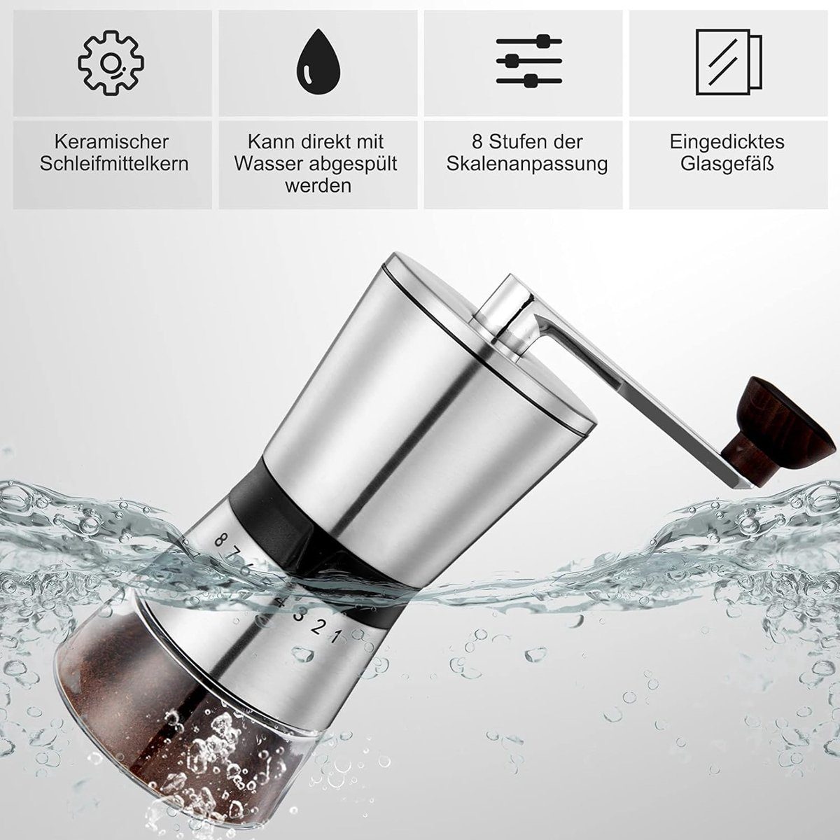 Hikeren Kaffeemühle Manuell/Hand mit Keramikmahlwerk,Espressomühle mit 8 Mahlstufen