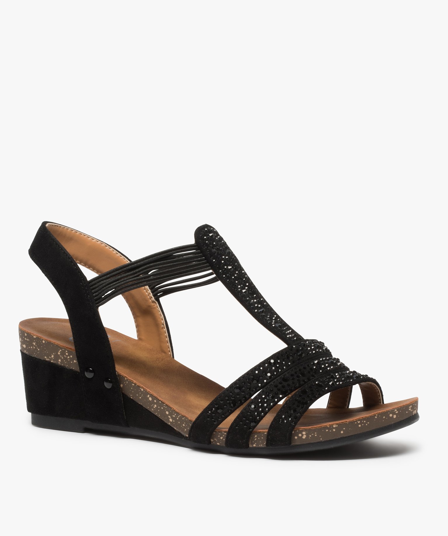 Sandales femme compensées à brides strass élastiquées noir | GEMO