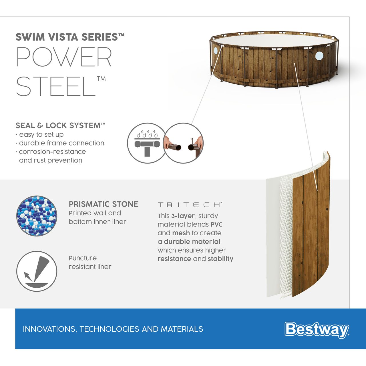 Bestway Power Steel™ Swim Vista Series™ Frame Pool Komplett-Set mit Filterpumpe, Holz-Optik