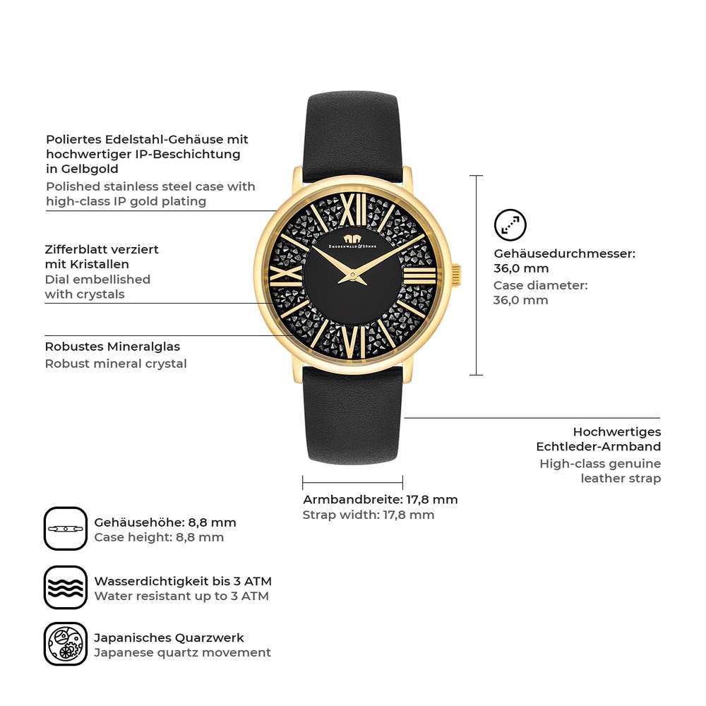 Rhodenwald & Söhne Montre à quartz Pamina en Or jaune Cuir véritable en Noir Montre