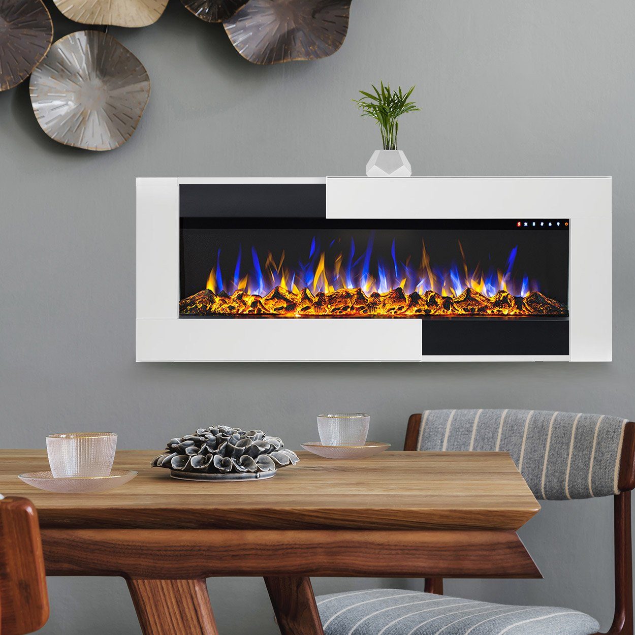 GLOW FIRE Elektrokamin Insert Tetris Wandkamin elektrisch mit Heizung, Elektrischer Kamin mit Fernbedienung, Timer, 3D Flammenspiel, LED Feuer