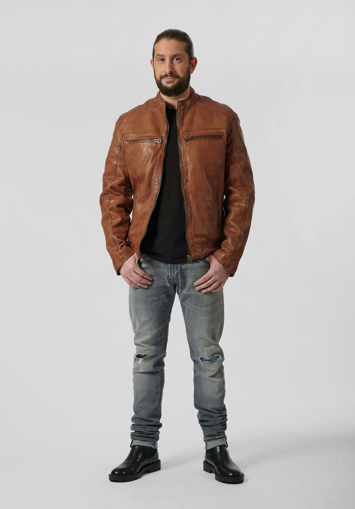 UNIQ   Veste en cuir marron Homme