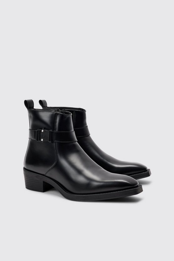 Schwarz eckige PU-Stiefel mit Schnallen-Detail