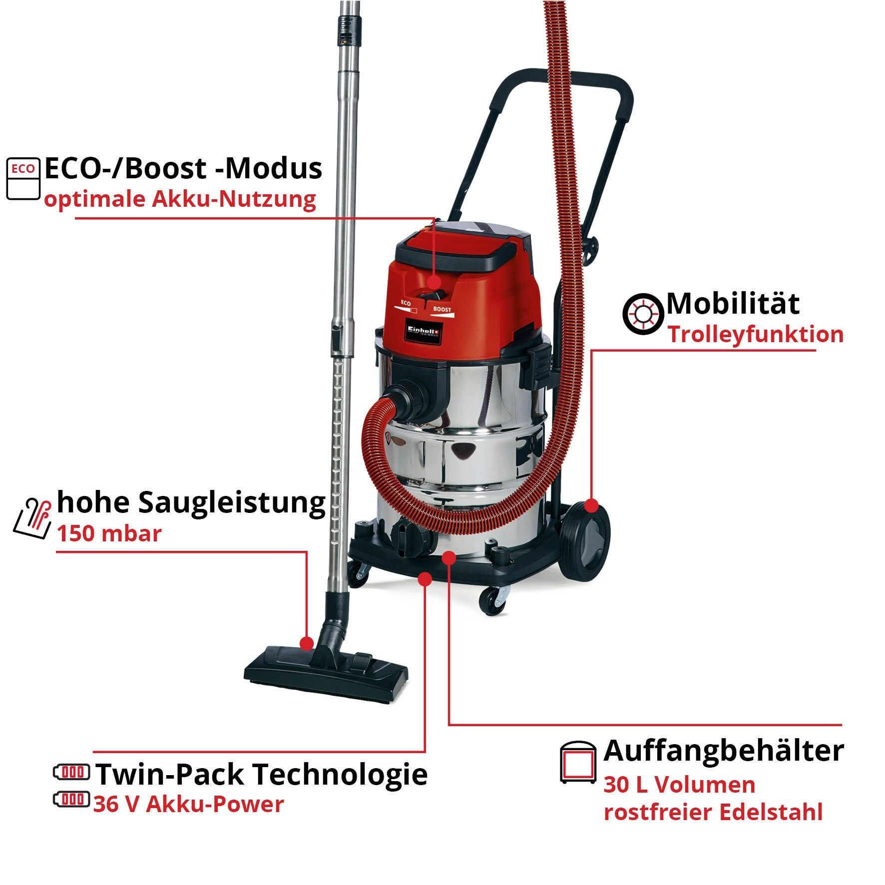Einhell Nass-Trocken-Akkusauger TE-VC 36/30 Li S-Solo, 900 W, mit Beutel, Power X-Change, ohne Akku und Ladegerät
