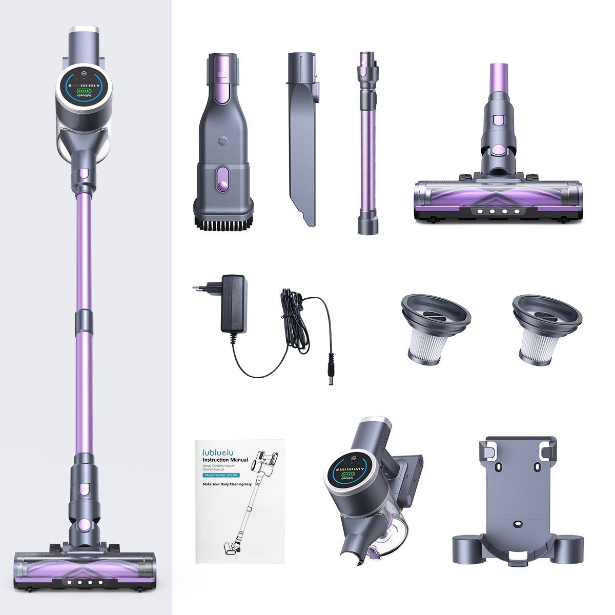 oyajia Akku-Stielstaubsauger kabellos 6in1 mit Ø10cm LED Touchscreen Akkusauger, 255,00 W, beutellos, 50Min. Laufzeit für Hartboden, Teppich, Tierhaare