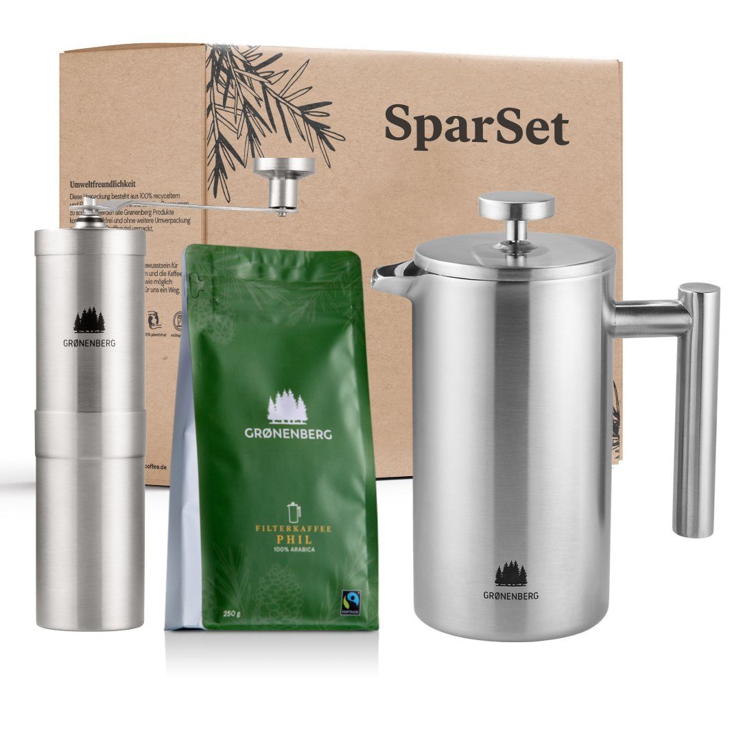 GRØNENBERG French Press Kanne Spar Set 3: Bio Kaffee 250g + Kaffeemühle + French Press (3 Größen), Mit Thermo Effekt & inkl. Ersatz Filter
