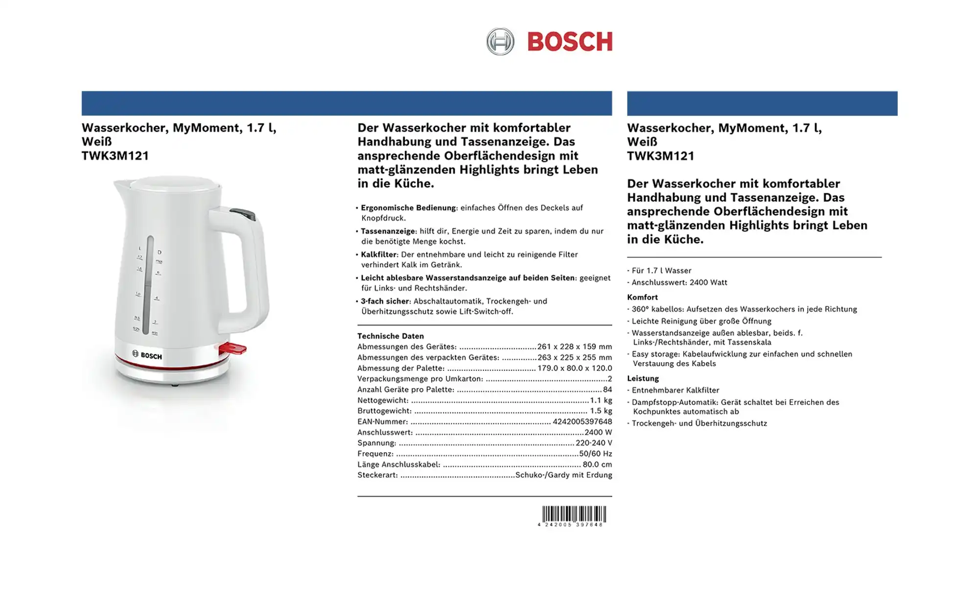 BOSCH Wasserkocher  TWK3M121