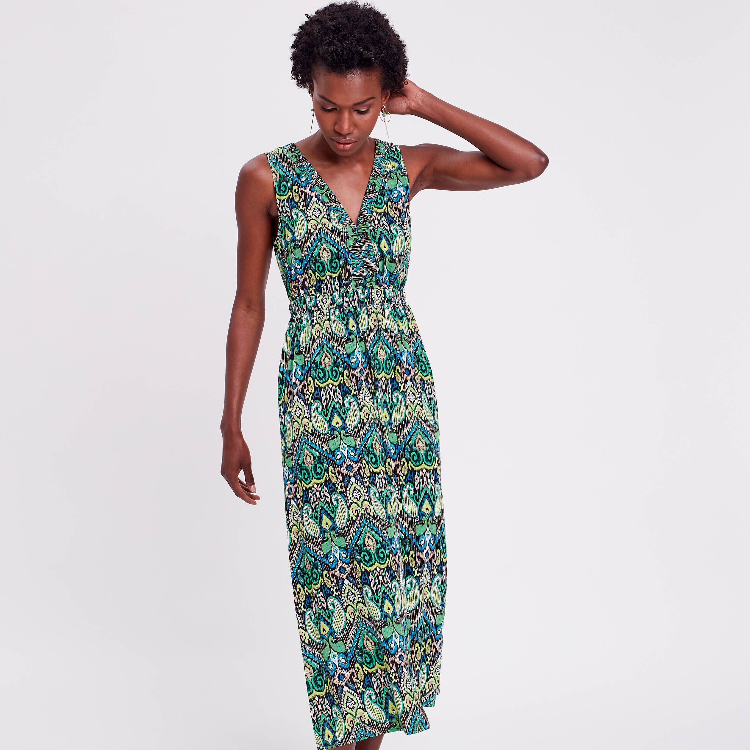 Robe longue évasée col en V noir femme | Cache Cache