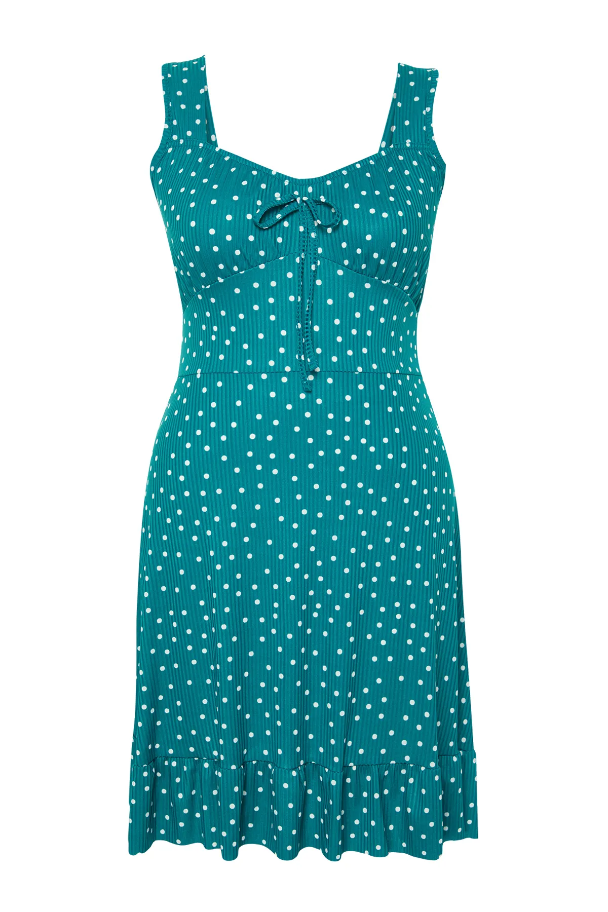 Trendyol Curve  Petrolfarbenes, gepunktetes Mini-Strickkleid mit quadratischem Kragen und Volants in A-Linie TBBSS24AH00127