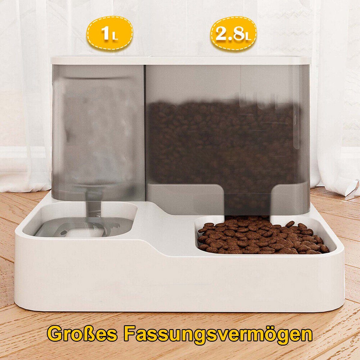 flowgoer Nager-Futterhaus Automatischer Trinkbrunnen für Hunde und Katzen Futterspender 2in1, Siphon-Prinzip,Leicht zu reinigen,Große Kapazität