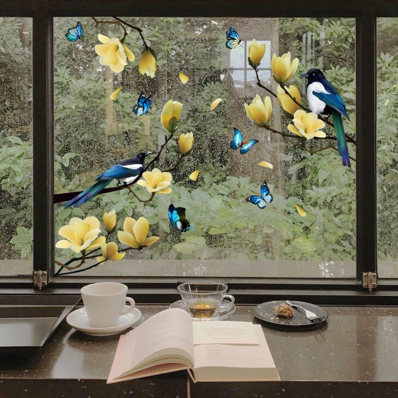 Fenstersticker Dekorative Wandaufkleber mit Pflanzenzweigen, Blumen und Vögeln, Union Reisen