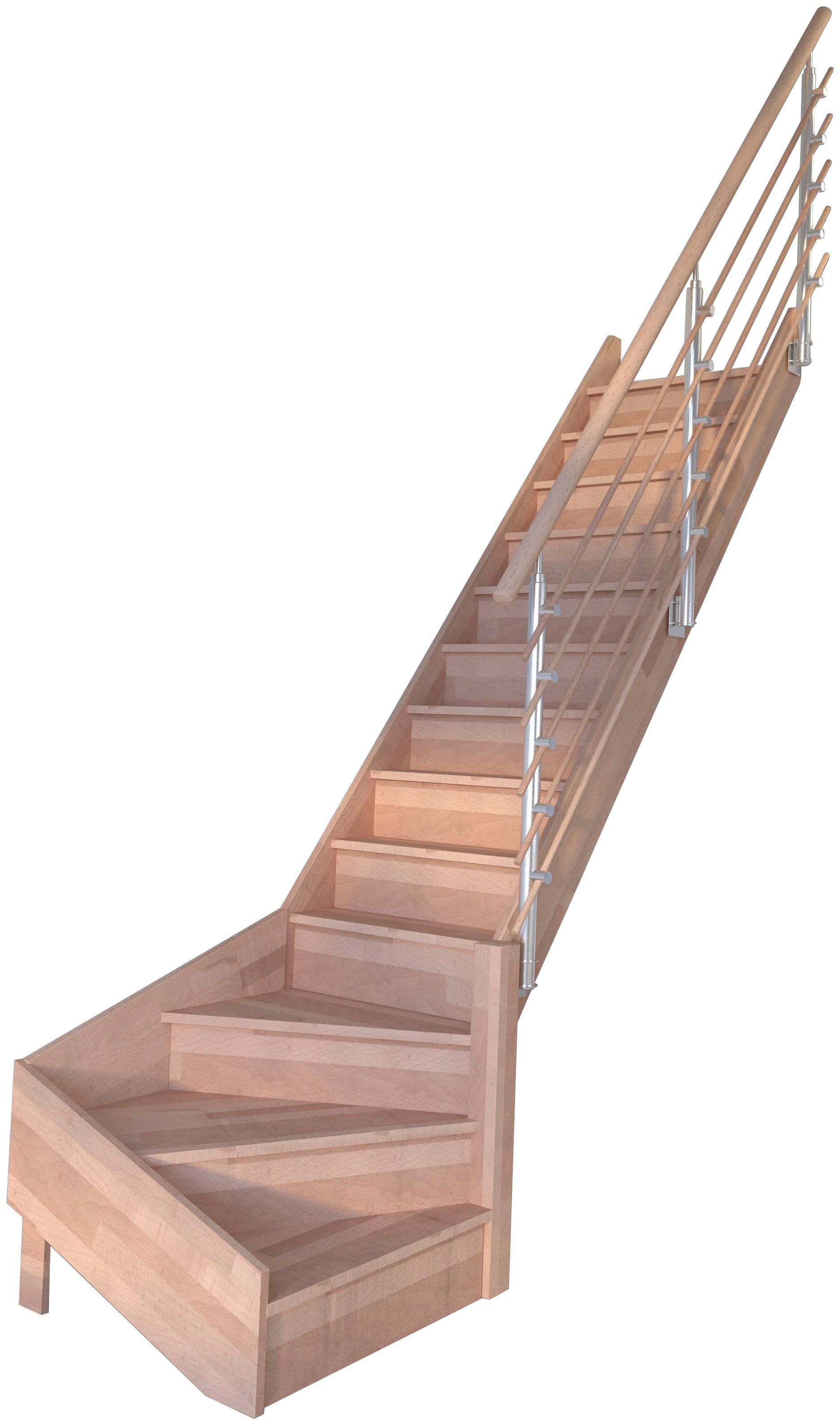 Starwood Raumspartreppe Massivholz Rhodos, Design-Geländer Holzrundstäbe, für Geschosshöhen bis 300 cm, Stufen geschlossen, gewendelt Rechts, Durchgehende Wangenteile