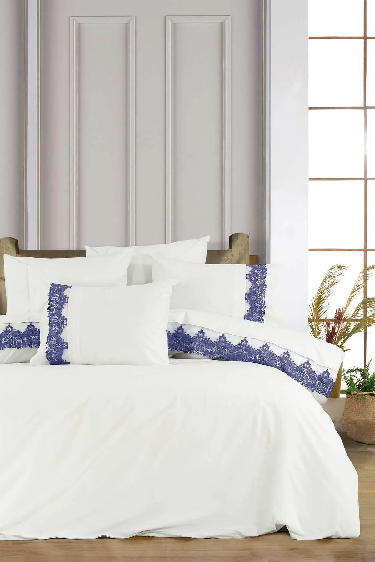 Elart  Bettbezug-Set für Doppelbett, 100 % natürliche Baumwollspitze, 4 Kissen, 6-teilig, Türkisblau