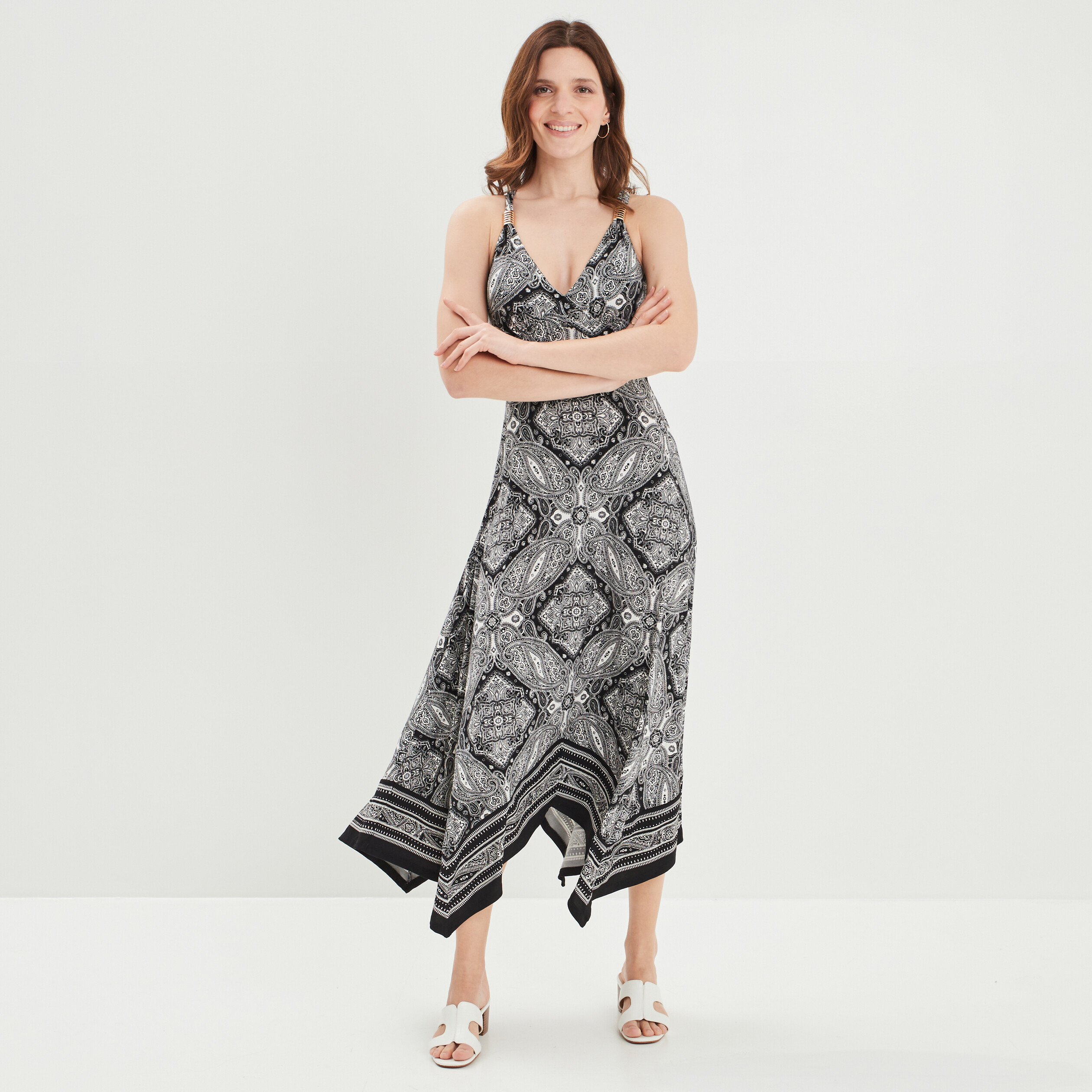 Robe longue évasée asymétrique noir femme | La Halle