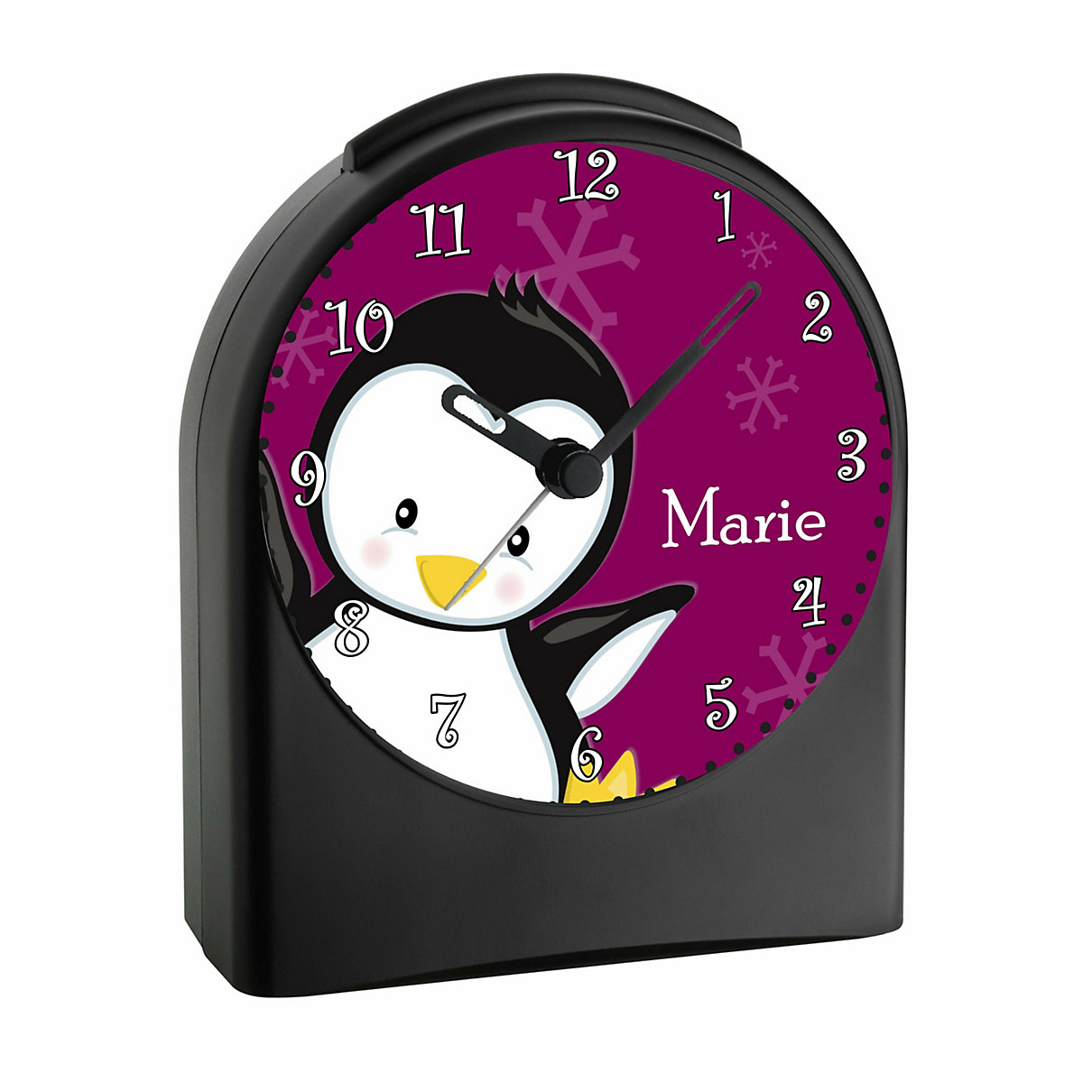 Kinder Funkwecker personalisiert mit Namen Pinguin Atom-/Funkuhr, 12-Stunden-Anzeigeformat, Schlummerfunktion, Nachtlicht, Geräuschlos/Ohne Ticken