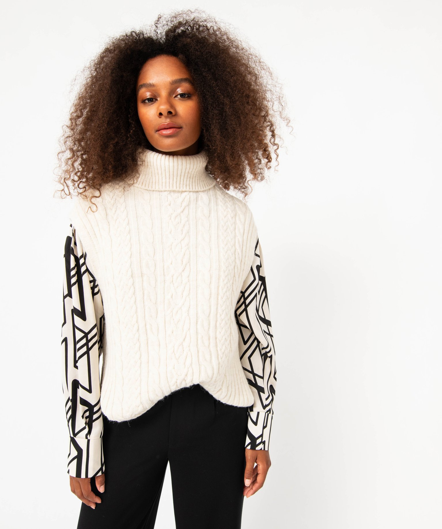 Pull sans manches à col roulé femme ecru | GEMO