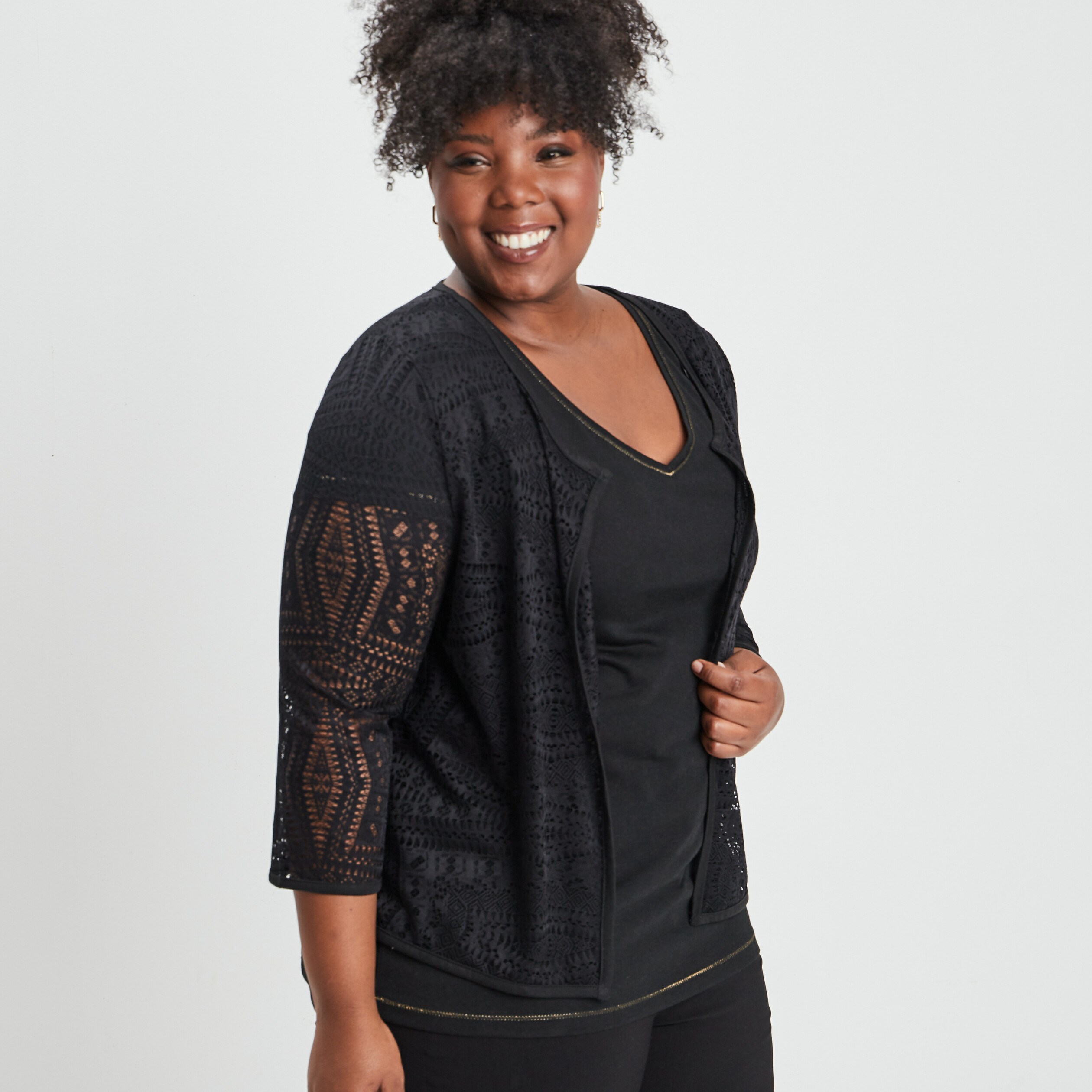 Gilet manches 3 4 noir femme grande taille | La Halle