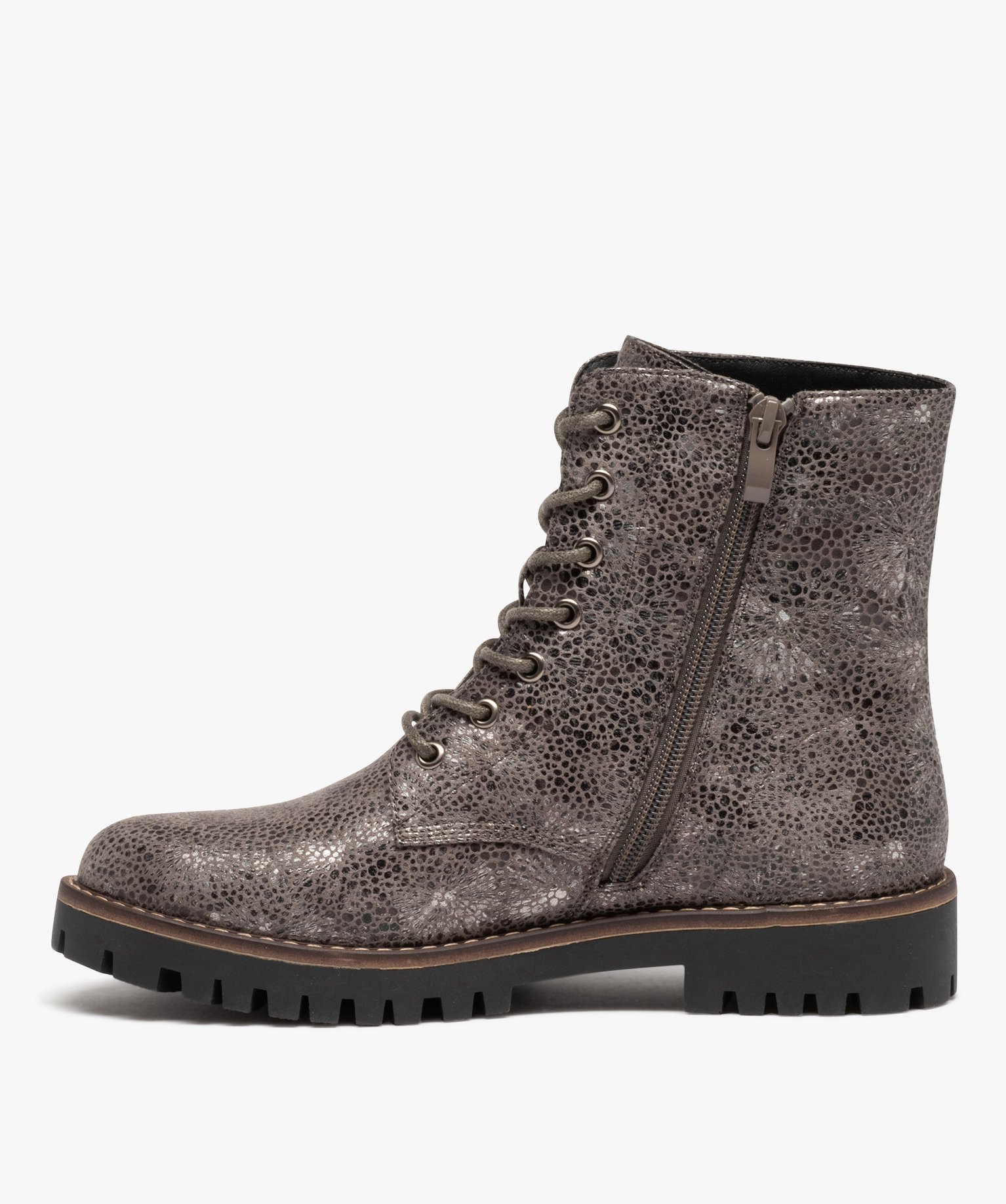Boots lacées à semelle crantée et reflets brillants femme gris | GEMO