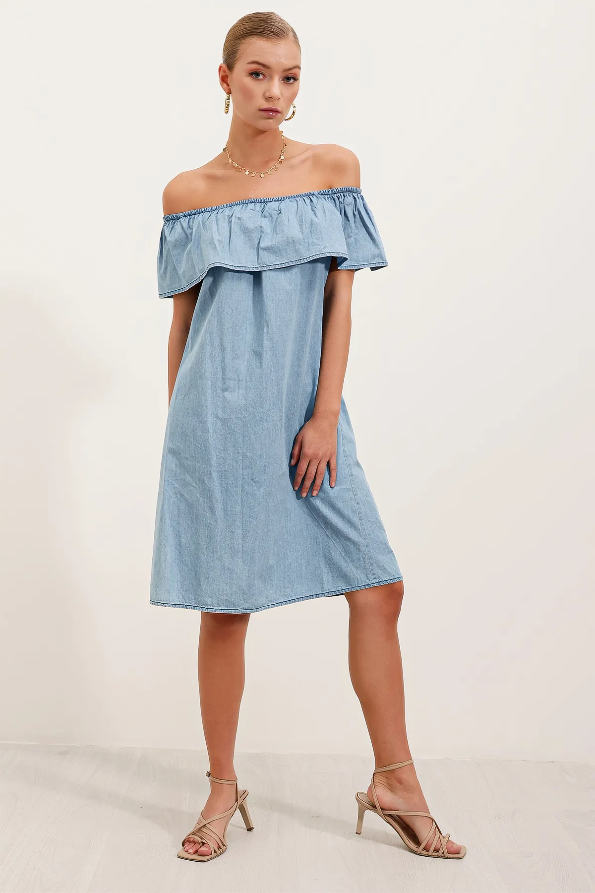 Bigdart  1481 Schulterfreies Jeanskleid – Hellblau