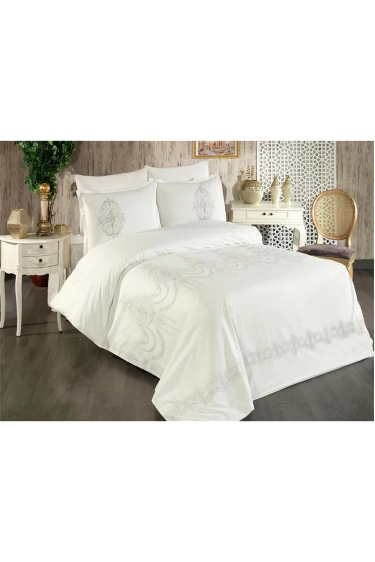 Çeyiz Diyarı  Calina Besticktes Bettwäscheset für Doppelbett, 100 % Baumwolle, Grau