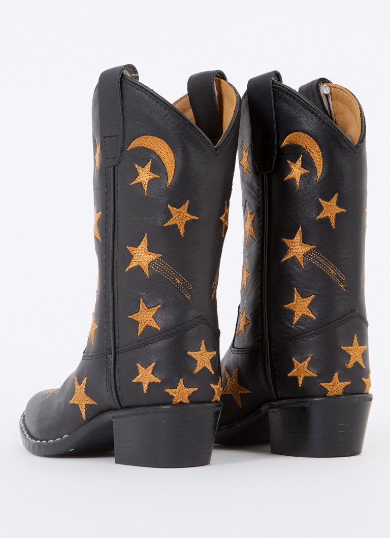 Ghete cowboy din piele neagră cu stele brodate