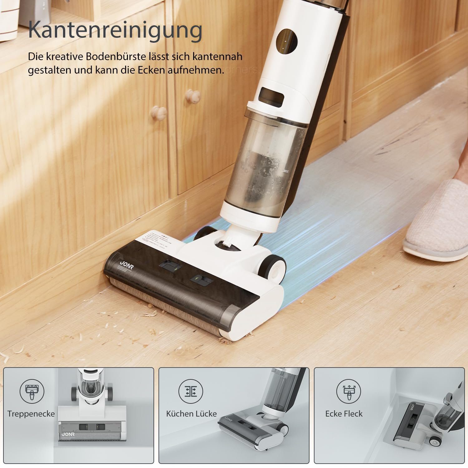 JONR Nass-Trocken-Akkusauger ED12, 200,00 W, Ultraleicht, 30-Minuten, Intelligente Nass-Trocken-Technologie und automatische Reinigungsfunktion, verbessertes Kantenreinigungsdesign, geeignet für Harte Böden