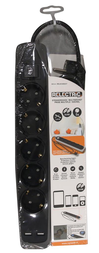 Relectric RELEC492237 продужна трака 1,5 м, 5-крака, 2x USB