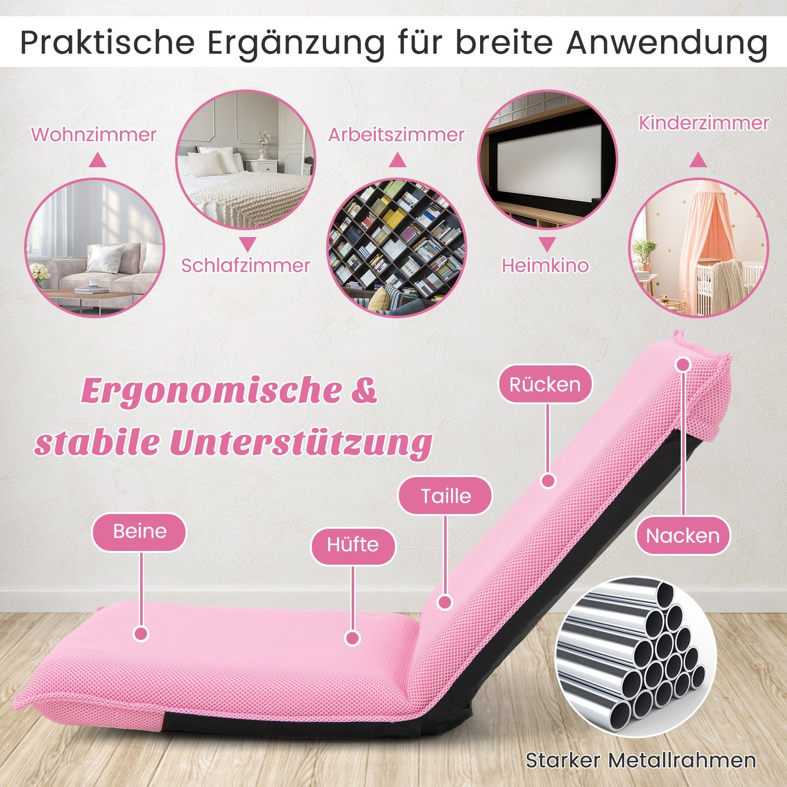 COSTWAY Relaxsessel Bodenstuhl, mit 6-stufig Verstellbarer Rückenlehne