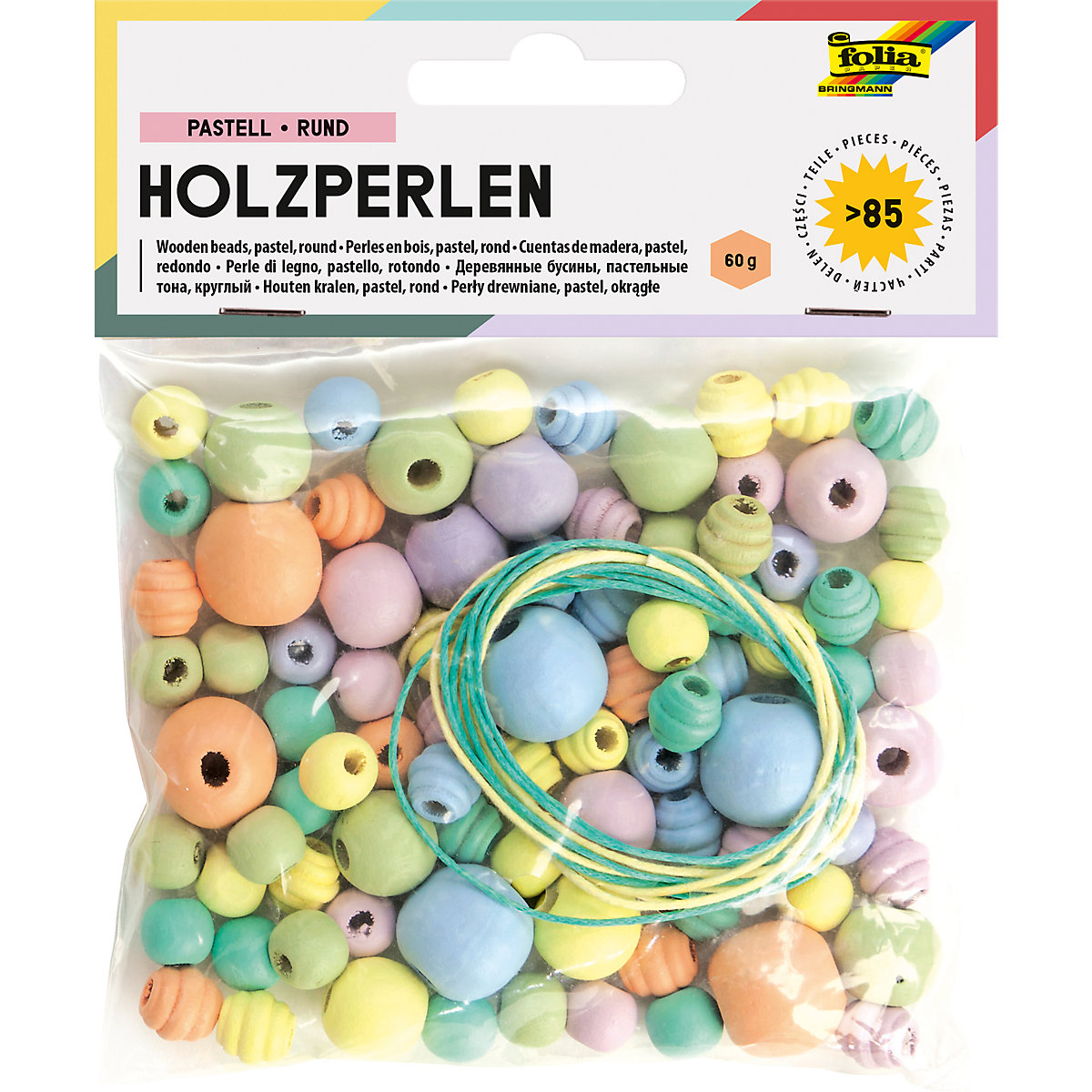 Holzperlen PASTELL, 86 Teile, 84x Perlen sort. & 2x Schnüre à 85cm