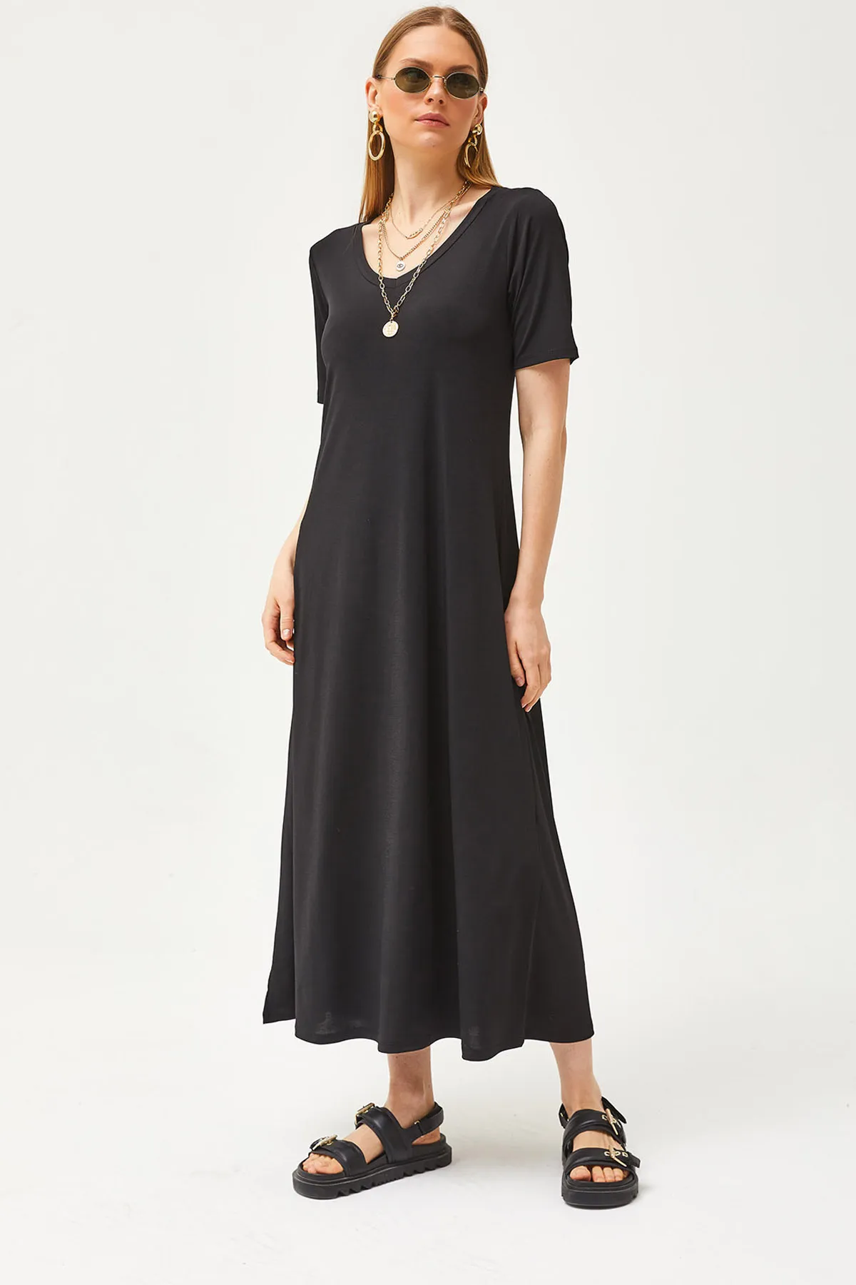 Olalook  Schwarzes lässiges Maxikleid mit V-Ausschnitt für Damen ELB-19002076