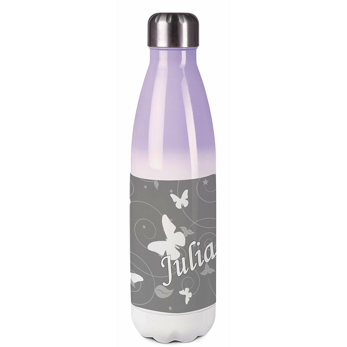 Edelstahl Kinder Thermoflasche / Trinkflasche bunt Schmetterling Ornamente Farbe grau Spülmaschinenfest, Auslaufsicher, Bruchfest, Doppelwandig, Für Heißgetränke geeignet, Mit Deckel, Isoliert