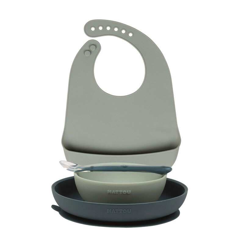 Coffret repas avec bavoir en silicone vert Nattou