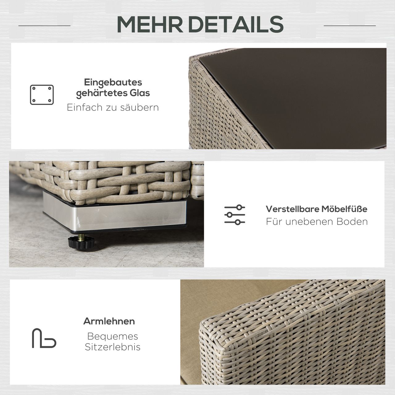 Outsunny 4-tlg. Polyrattan Gartenmöbel Set Gartengarnitur Garten-Set Sitzgruppe Loungeset Loungemöbel mit Couchtisch Sitzkissen Khaki Beige