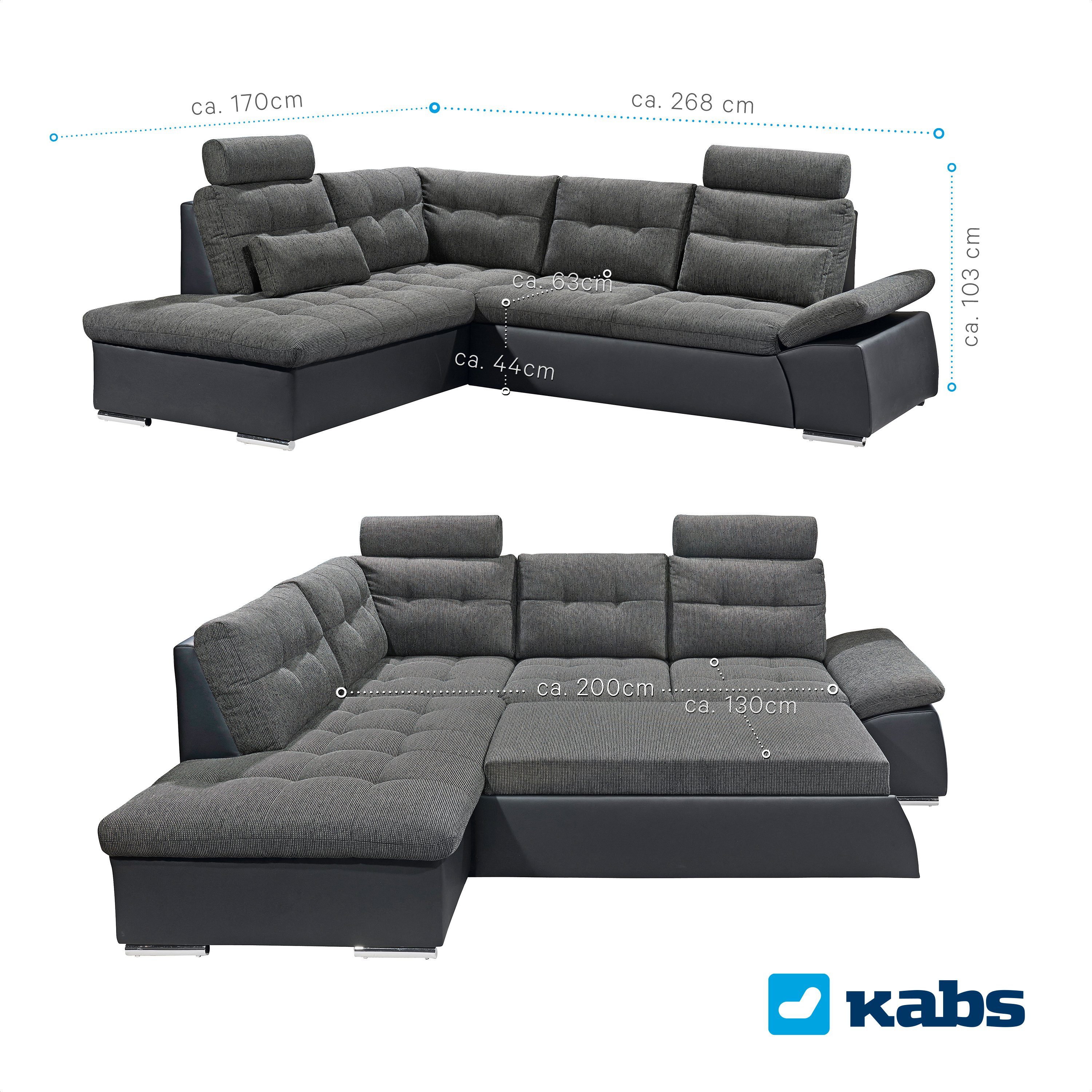 Kabs Polsterwelt Ecksofa Jakarta, Schlaffunktion, Umsteckbare Kopfstützen, Zierkissen, Maße: BxHxT: ca. 219 x 260 x 103 cm, Made in Europe